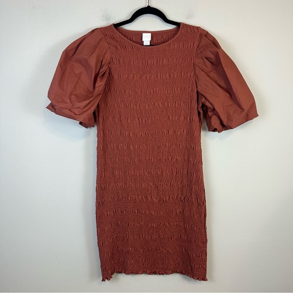 H&M | Rust Colored Balloon Sleeve Smocked Cotton Jersey Dress Large NWT - Picture 1 of 8